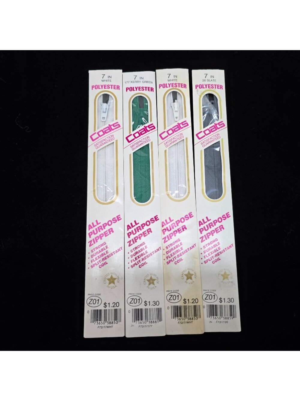 Coats Polyester 7-Inch All Purpose Zippers White Kerry Green Slate